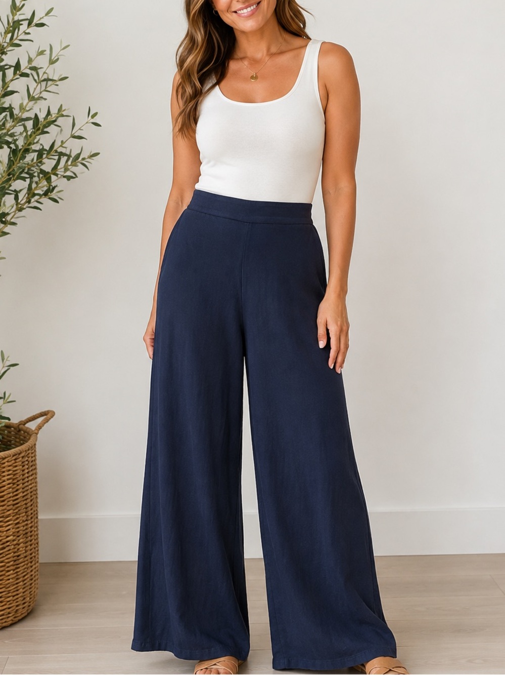 CP Shades Navy Wide Leg Pull On Pants Size Large